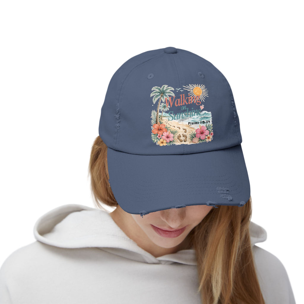 Distressed Cap — "Walk on Sunshine" Tropical Beach Baseball Hat Psalms 118:24