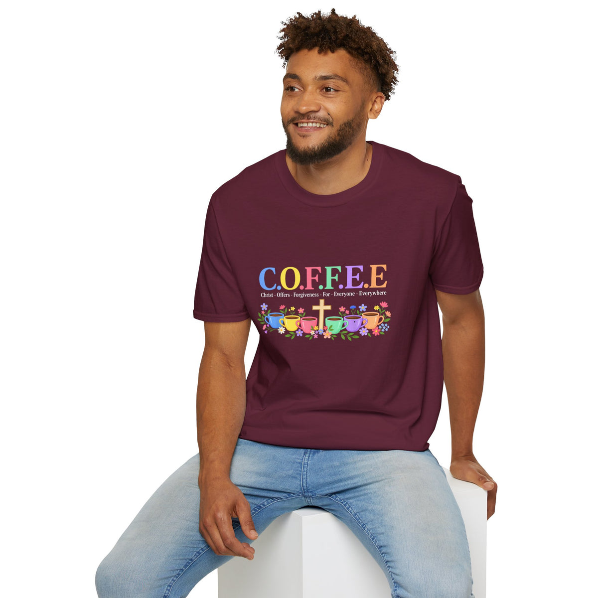 Coffee Lover Floral Graphic - C.o.f.f.e.e. (Christ - Offers - Forgiveness - For Everyone - Everywhere)  Softstyle T-Shirt