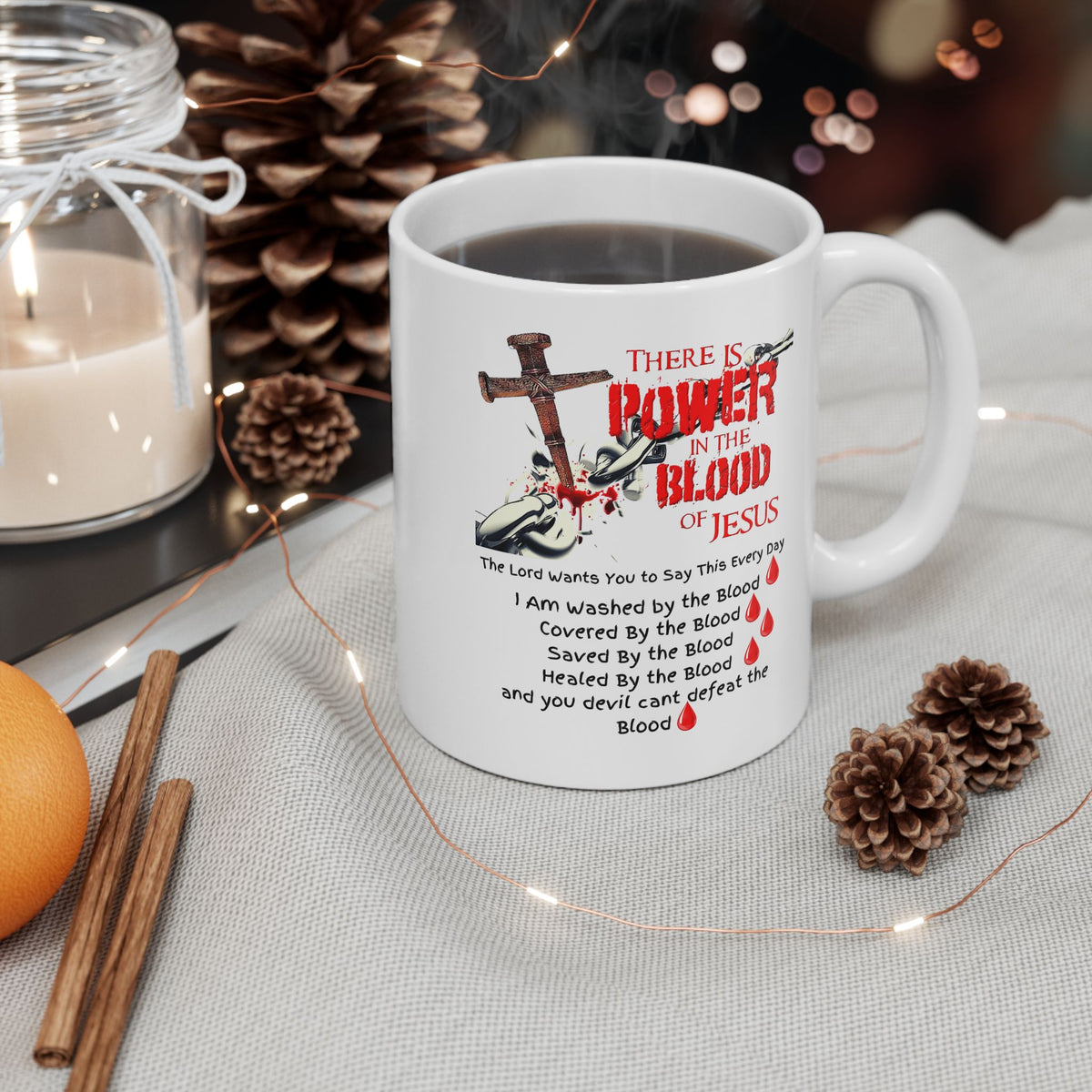 Christian Faith Mug – The Power of the Blood of Jesus Cross Coffee Cup