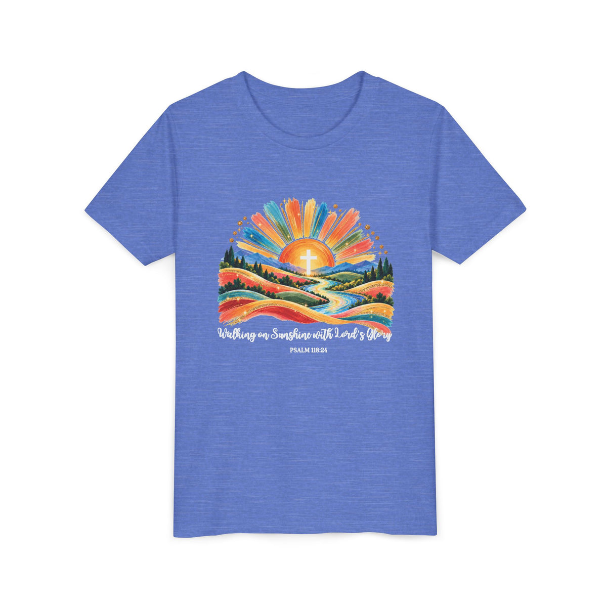 Youth Short Sleeve Tee – Walking On Sunshine with Lords Colorful Christian Sunrise Faith Shirt