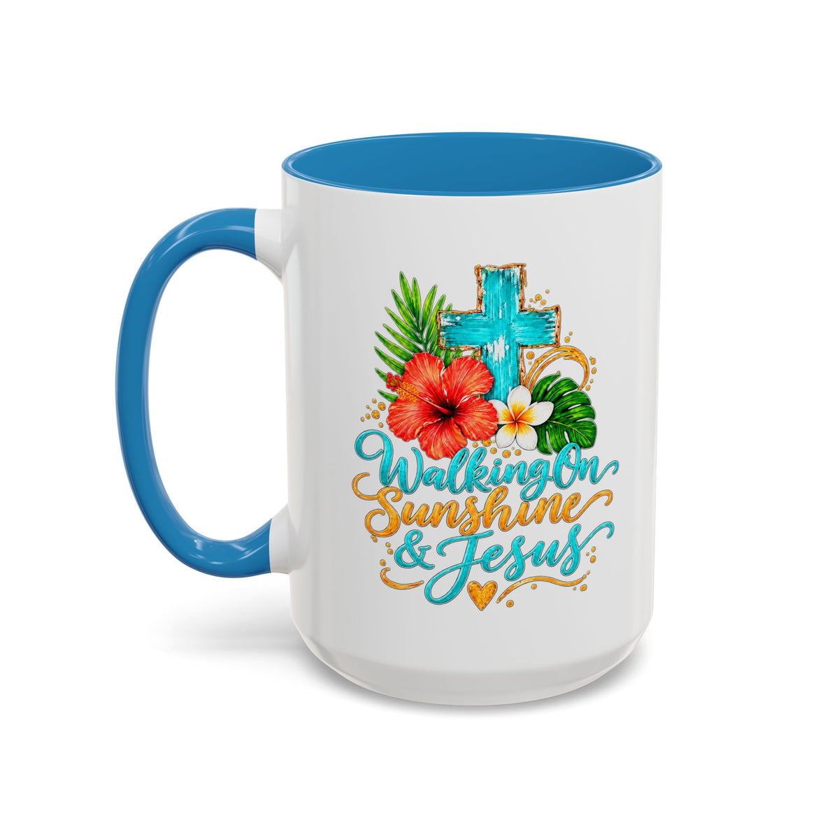 Walking on Sunshine & Jesus Coffee Mug – Floral Cross Accent Mug