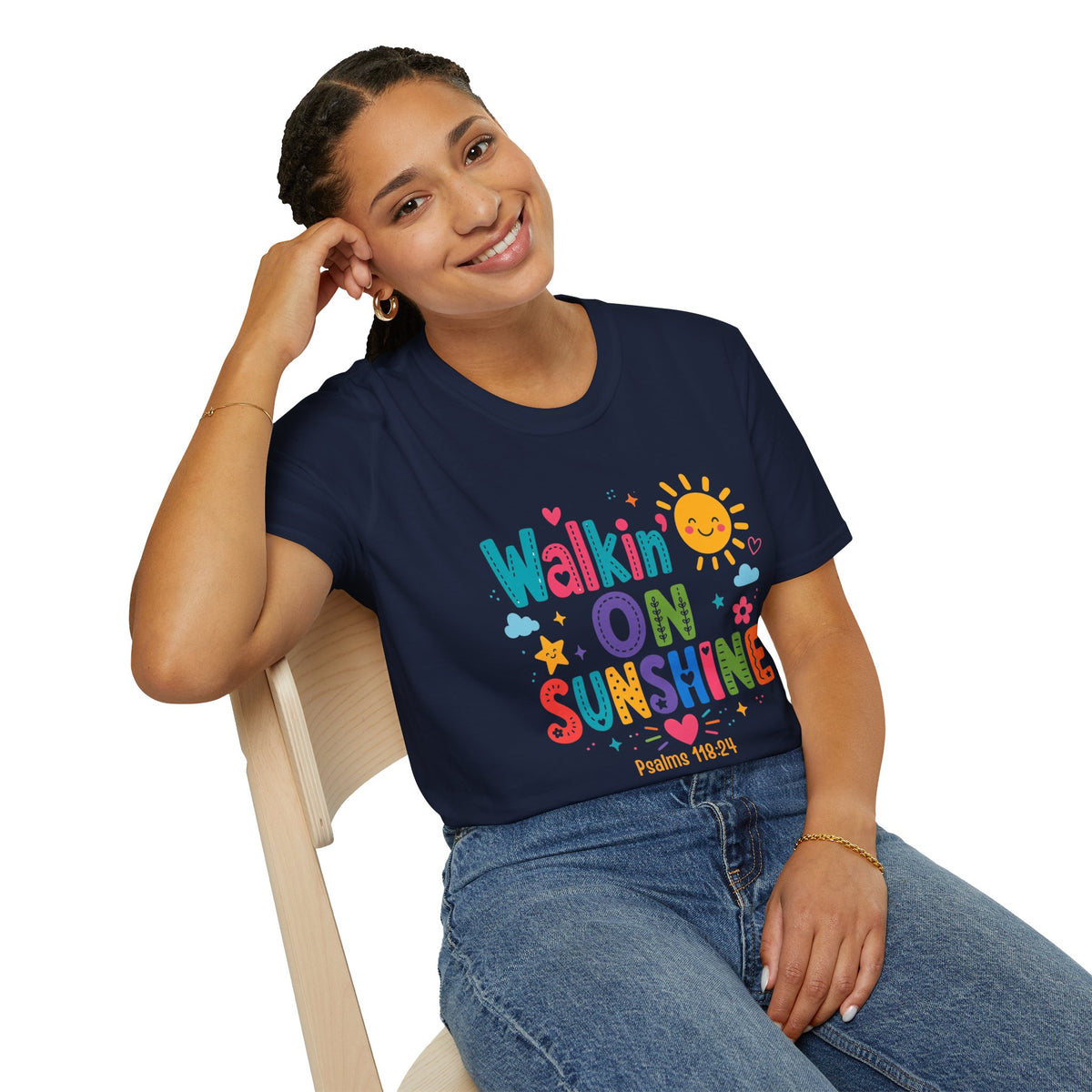 T-Shirt — "Walkin' on Sunshine" Bright Retro Sun Graphic Tee ‭‭Psalms‬ ‭118‬:‭24‬ ‭