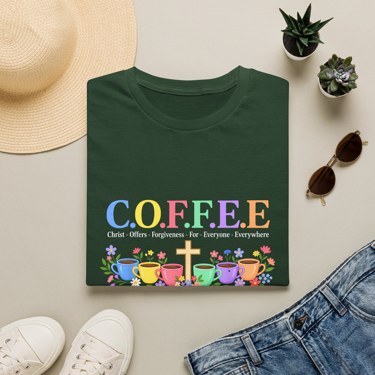 Coffee Lover Floral Graphic - C.o.f.f.e.e. (Christ - Offers - Forgiveness - For Everyone - Everywhere)  Softstyle T-Shirt