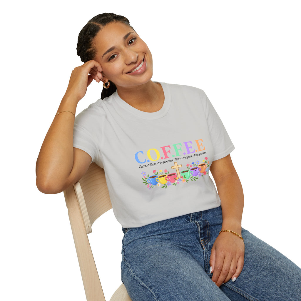 Coffee Lover Floral Graphic - C.o.f.f.e.e. (Christ - Offers - Forgiveness - For Everyone - Everywhere)  Softstyle T-Shirt