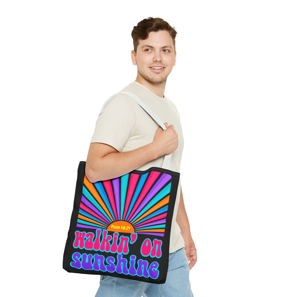 Lords Glory Sunrise Graphic Tote Bag — “Walkin' on Sunshine” Retro Psalm 118:24 Cotton AOP
