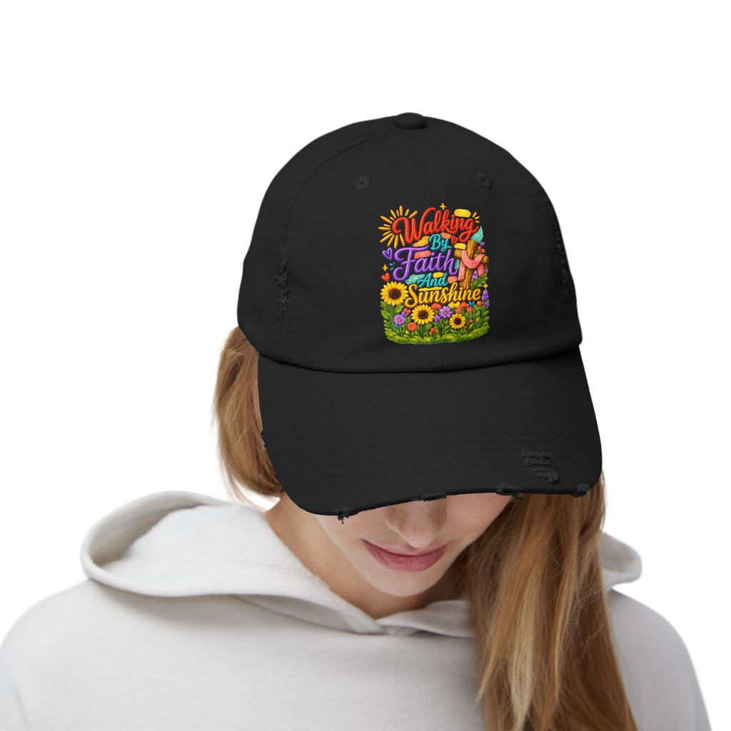 Walking by Faith and Sunshine Distressed Baseball Cap