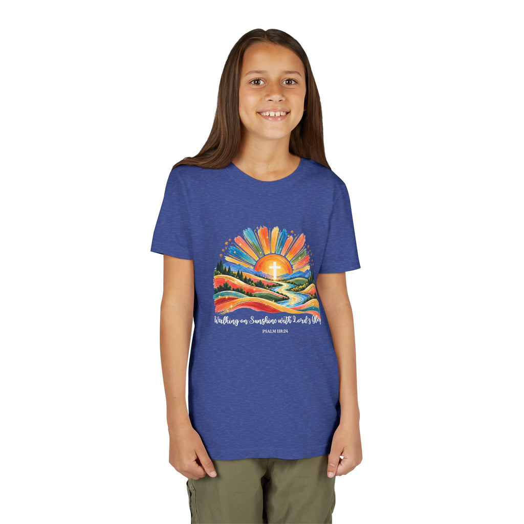 Youth Short Sleeve Tee – Walking On Sunshine with Lords Colorful Christian Sunrise Faith Shirt
