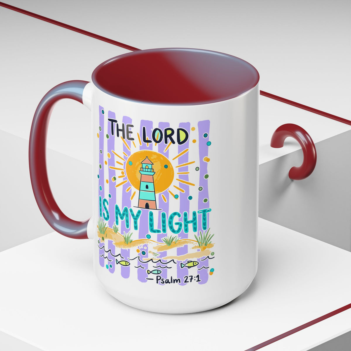 Accent Coffee Mug — “The Lord Is My Light” Lighthouse Bible Verse (Psalm 27:1)