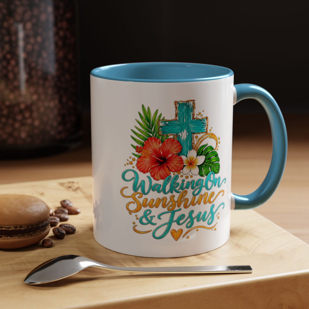 Walking on Sunshine & Jesus Coffee Mug – Floral Cross Accent Mug