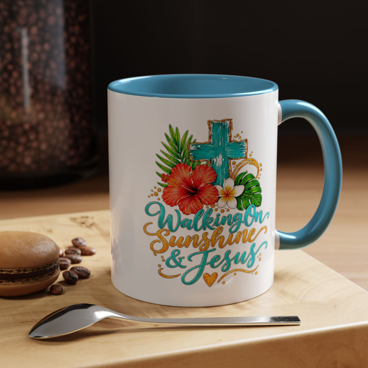 Walking on Sunshine & Jesus Coffee Mug – Floral Cross Accent Mug