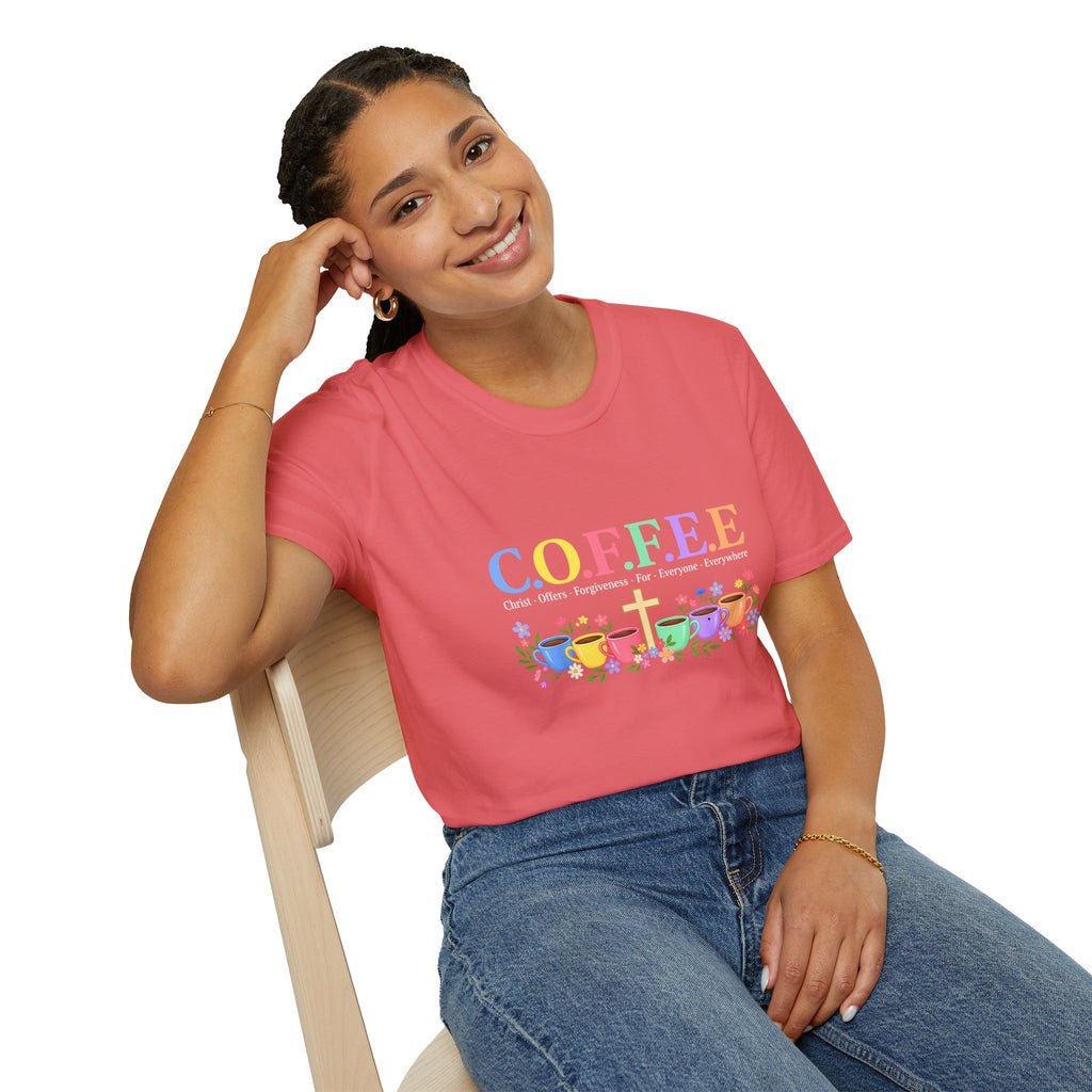Coffee Lover Floral Graphic - C.o.f.f.e.e. (Christ - Offers - Forgiveness - For Everyone - Everywhere)  Softstyle T-Shirt
