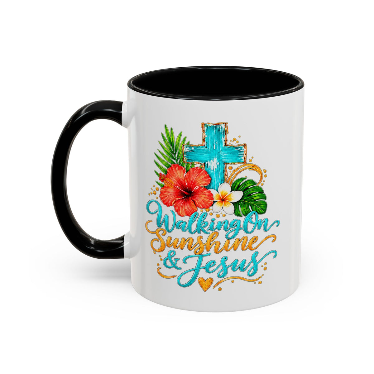 Walking on Sunshine & Jesus Coffee Mug – Floral Cross Accent Mug