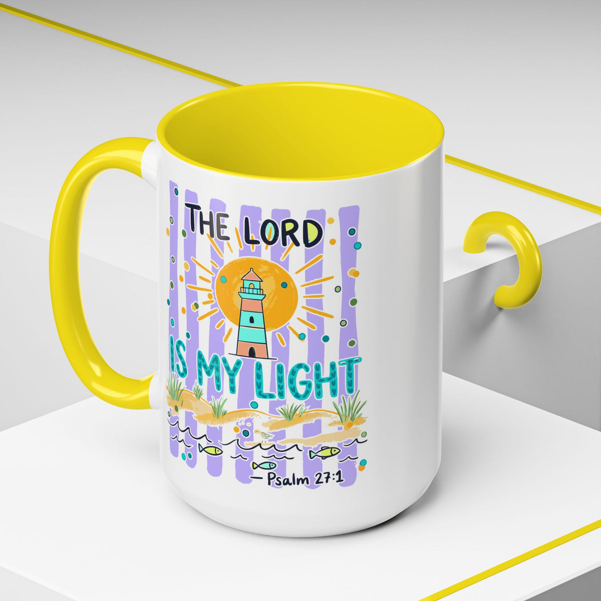Accent Coffee Mug — “The Lord Is My Light” Lighthouse Bible Verse (Psalm 27:1)