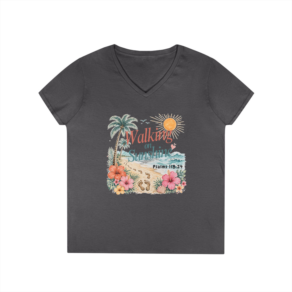 Walking on Sunshine V-Neck T-Shirt — Floral Beach Christian Psalm Tee