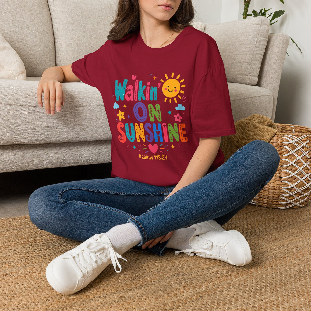 T-Shirt — "Walkin' on Sunshine" Bright Retro Sun Graphic Tee ‭‭Psalms‬ ‭118‬:‭24‬ ‭