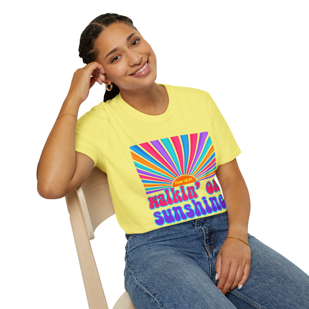 Walkin' On Sunshine Lords Glory with Lori Psalm 118:24 Retro T-Shirt — 70s Rainbow Sun Graphic Tee