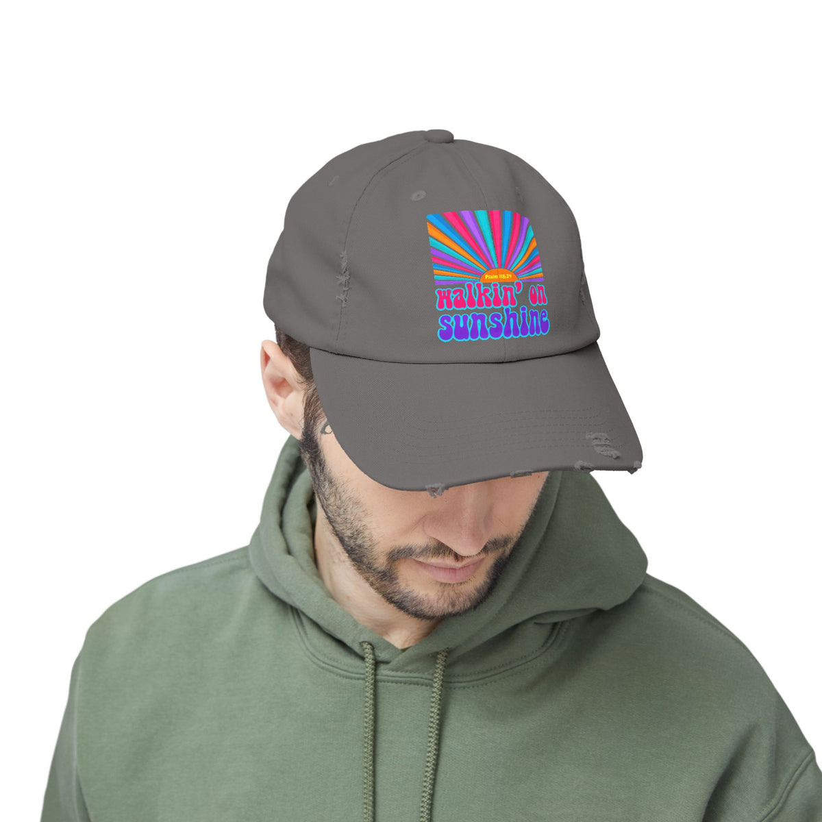 Walking On Sunshine Distressed Cap — Lords Glory with Lori Retro Rainbow Sun Trucker Hat