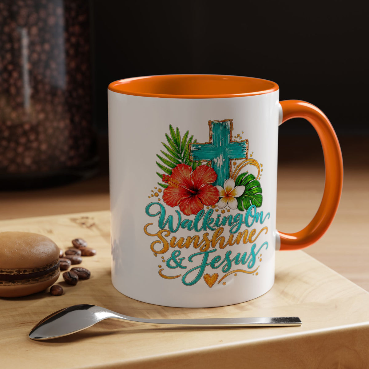 Walking on Sunshine & Jesus Coffee Mug – Floral Cross Accent Mug