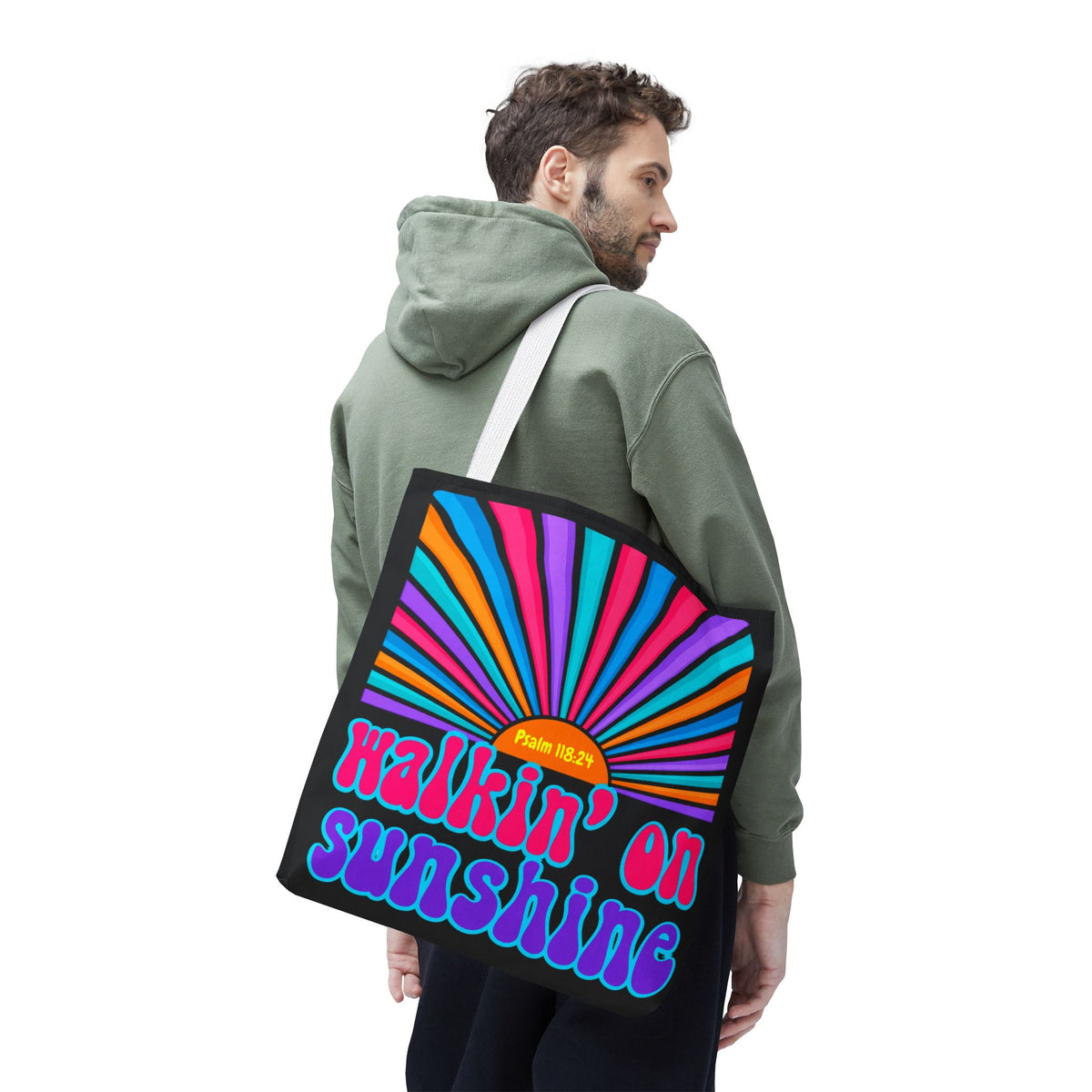 Lords Glory Sunrise Graphic Tote Bag — “Walkin' on Sunshine” Retro Psalm 118:24 Cotton AOP