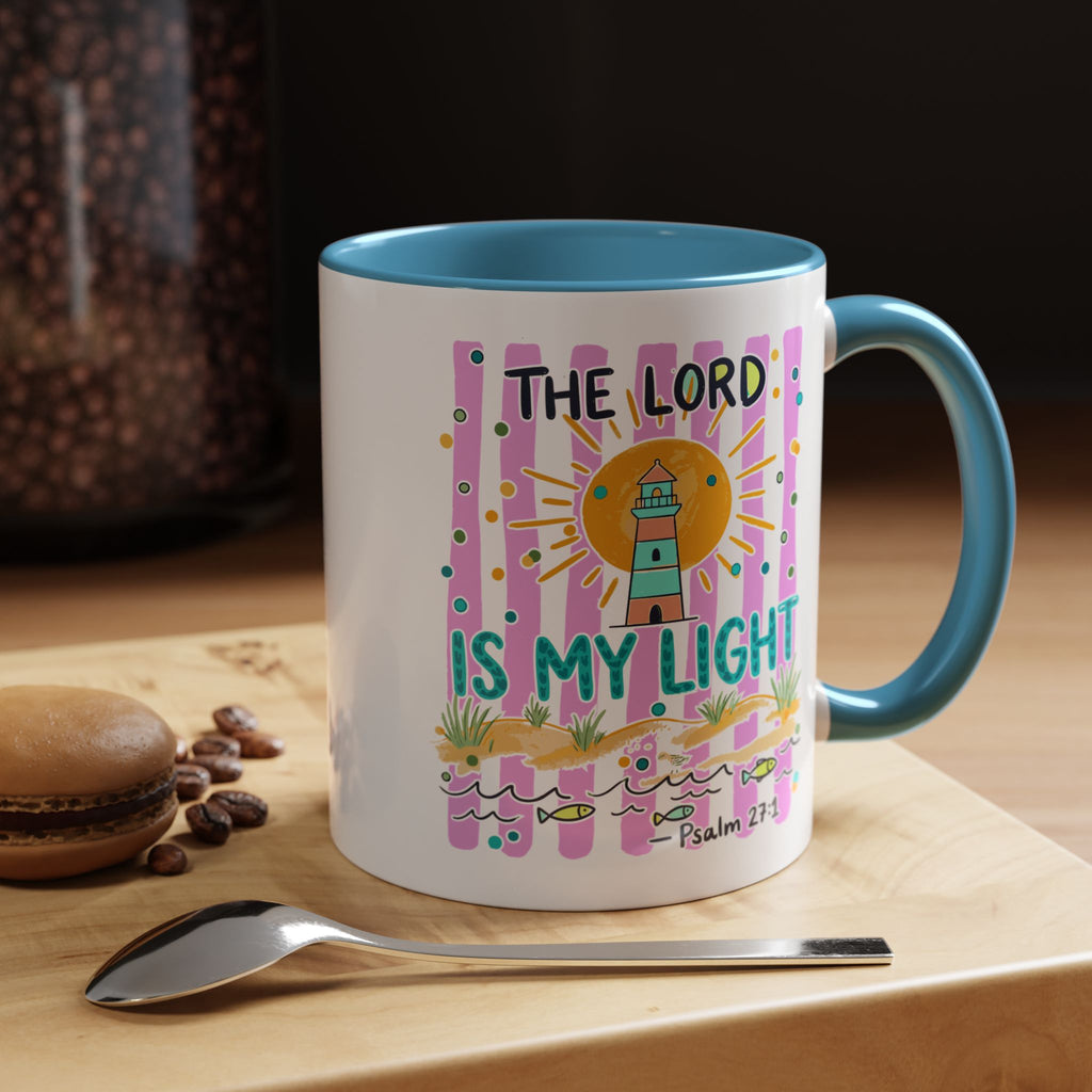 Christian Coffee Mug - "The Lord Is My Light" Lighthouse Psalm 27:1 Accent Mug