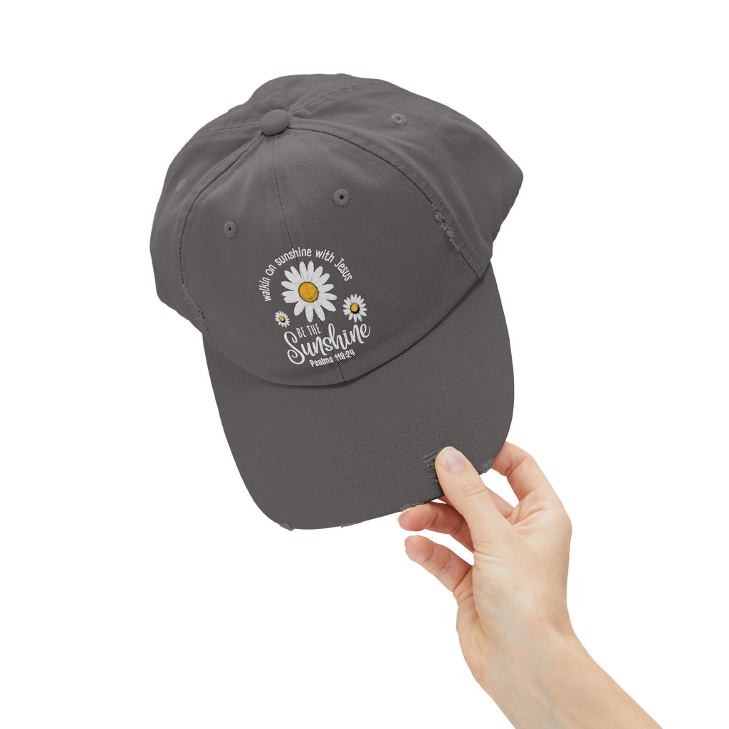 Walking on Sunshine Distressed Daisy Cap — "Be the Sunshine"  Mom and Dad Hat Psalms‬ ‭118‬:‭24