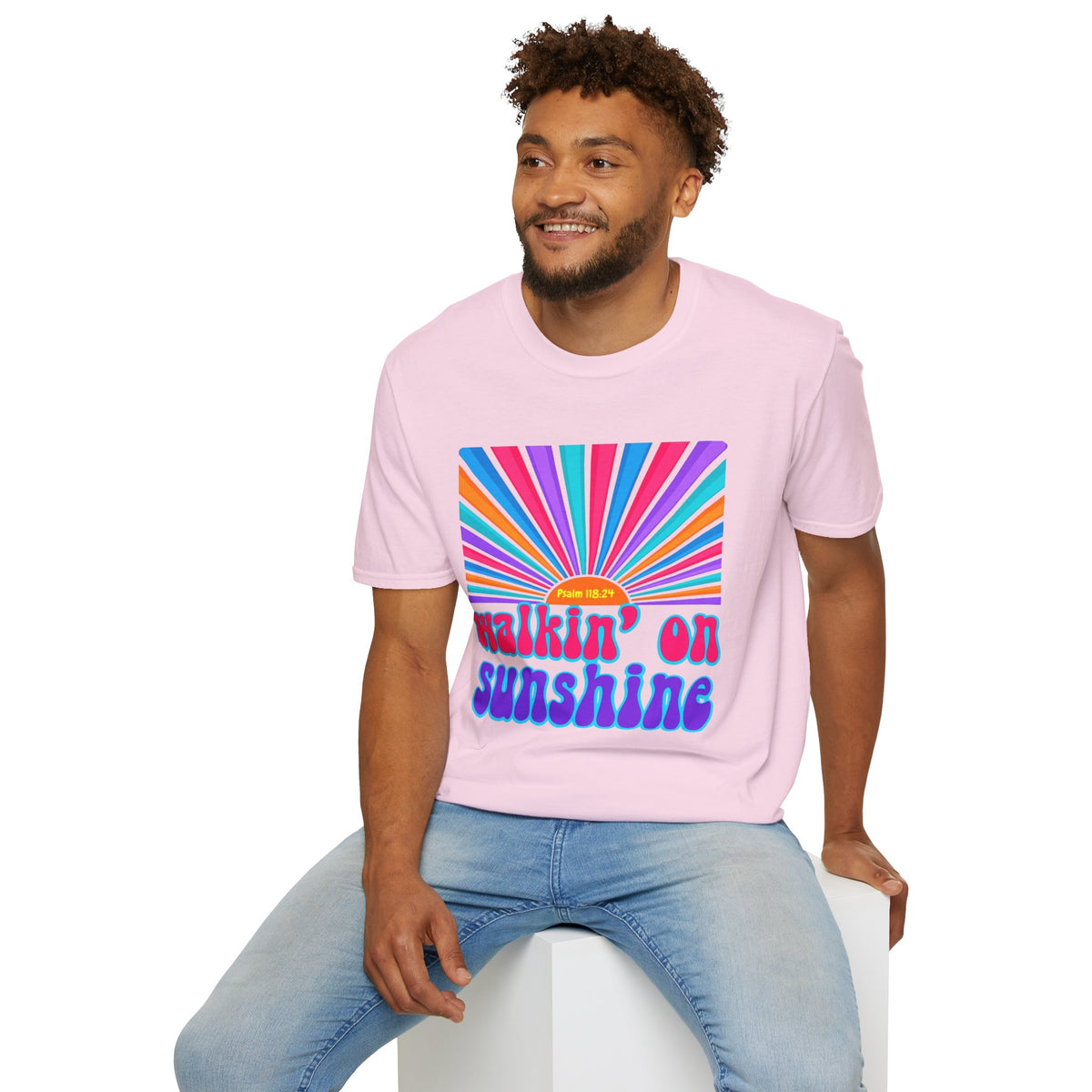 Walkin' On Sunshine Lords Glory with Lori Psalm 118:24 Retro T-Shirt — 70s Rainbow Sun Graphic Tee