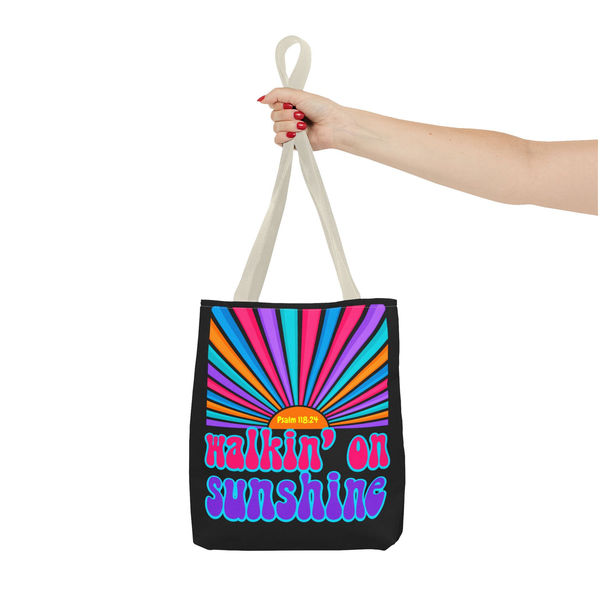 Lords Glory Sunrise Graphic Tote Bag — “Walkin' on Sunshine” Retro Psalm 118:24 Cotton AOP