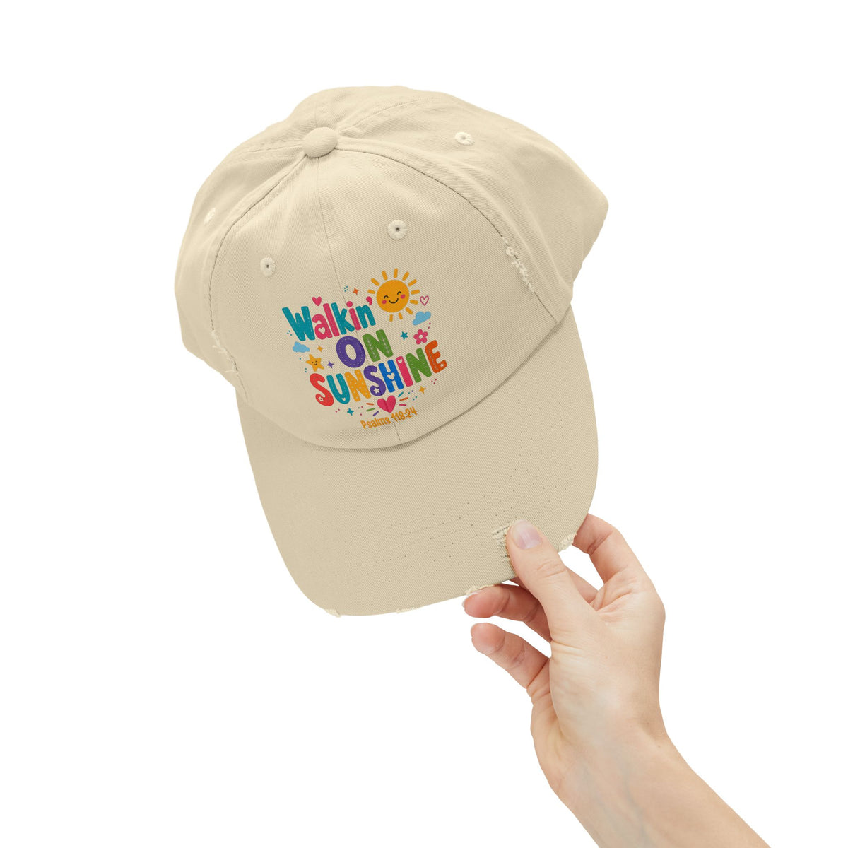 Distressed Cap — "Walkin' on Sunshine" Retro Sunshine Baseball Hat Psalm 118:24
