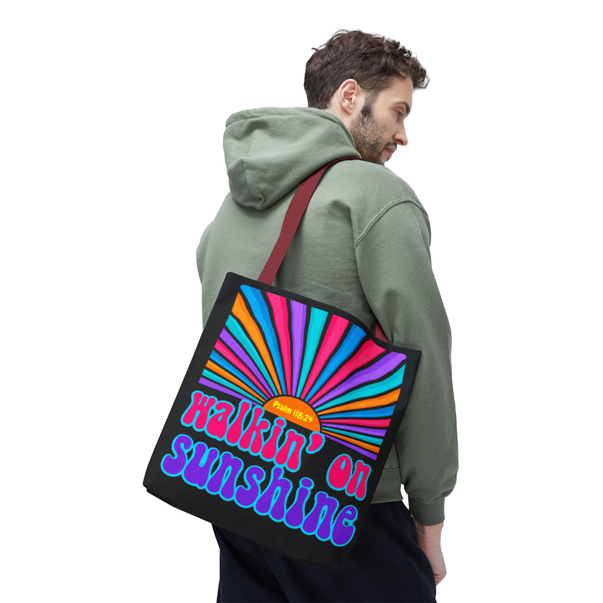 Lords Glory Sunrise Graphic Tote Bag — “Walkin' on Sunshine” Retro Psalm 118:24 Cotton AOP