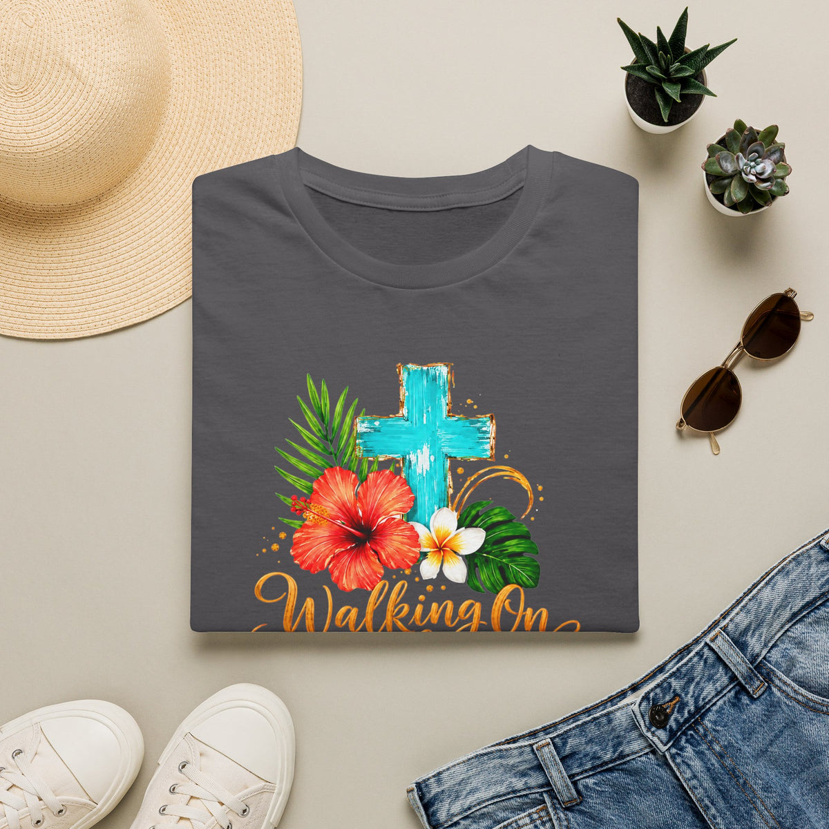 Walking on Sunshine & Jesus Floral Cross T-Shirt