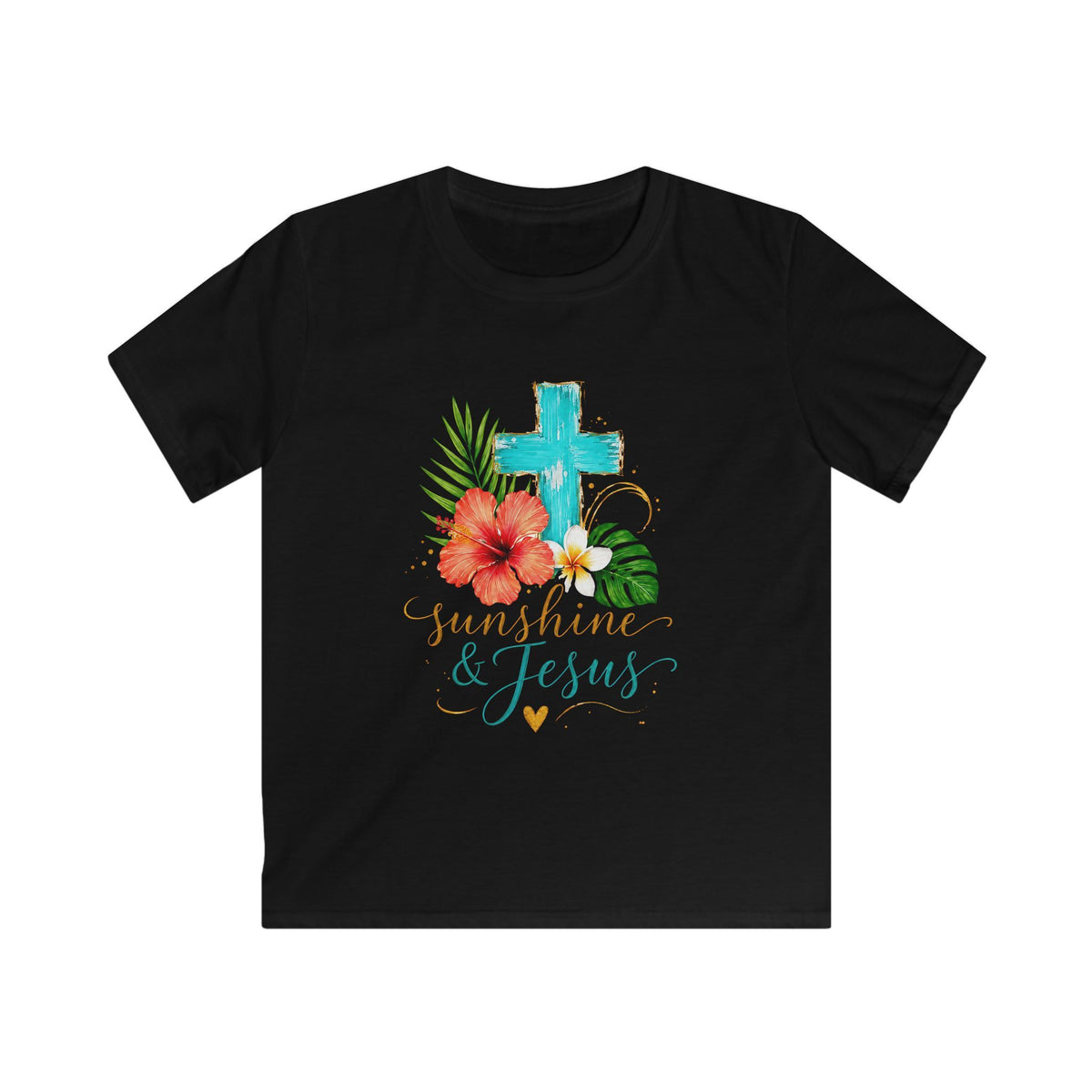 Kids Tee — Sunshine & Jesus Floral Cross Christian Graphic