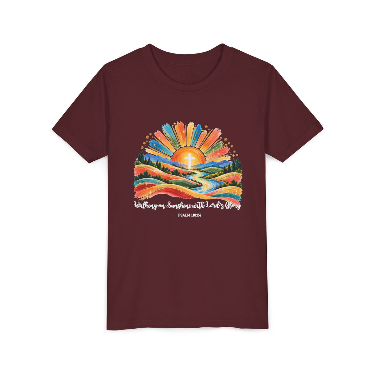 Youth Short Sleeve Tee – Walking On Sunshine with Lords Colorful Christian Sunrise Faith Shirt