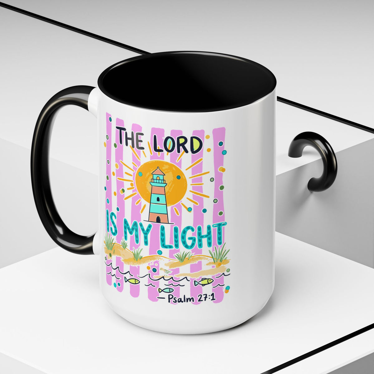 Christian Coffee Mug - "The Lord Is My Light" Lighthouse Psalm 27:1 Accent Mug