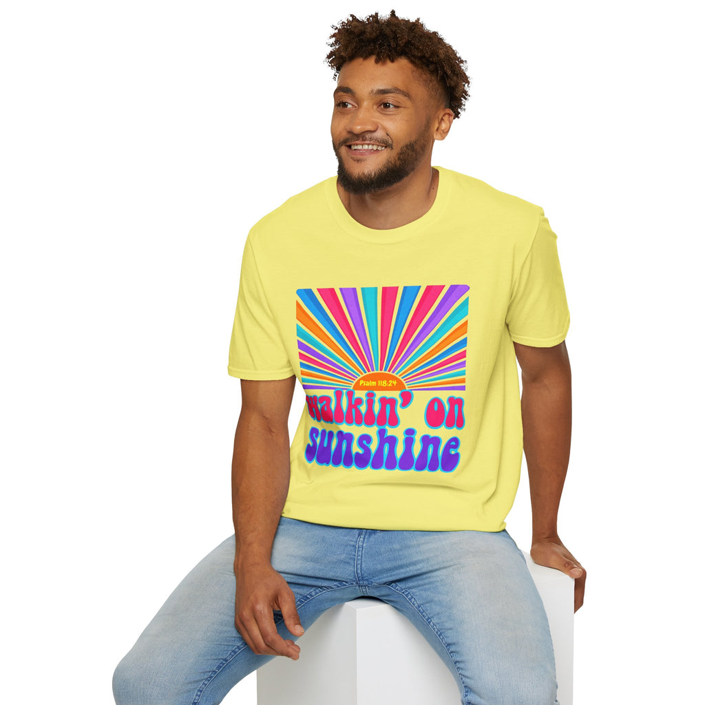 Walkin' On Sunshine Lords Glory with Lori Psalm 118:24 Retro T-Shirt — 70s Rainbow Sun Graphic Tee