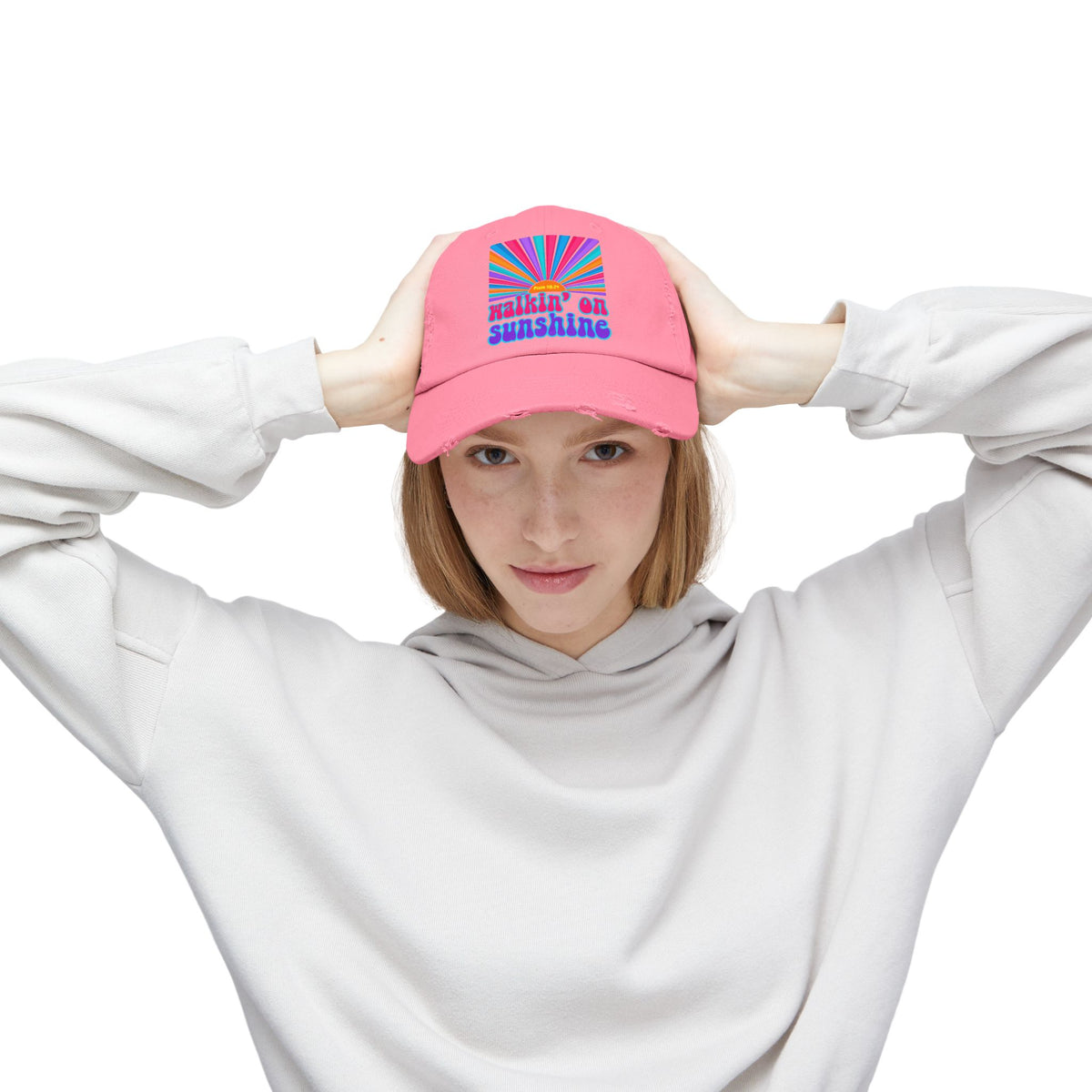 Walking On Sunshine Distressed Cap — Lords Glory with Lori Retro Rainbow Sun Trucker Hat