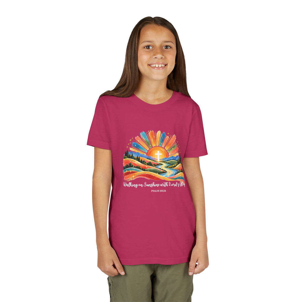Youth Short Sleeve Tee – Walking On Sunshine with Lords Colorful Christian Sunrise Faith Shirt