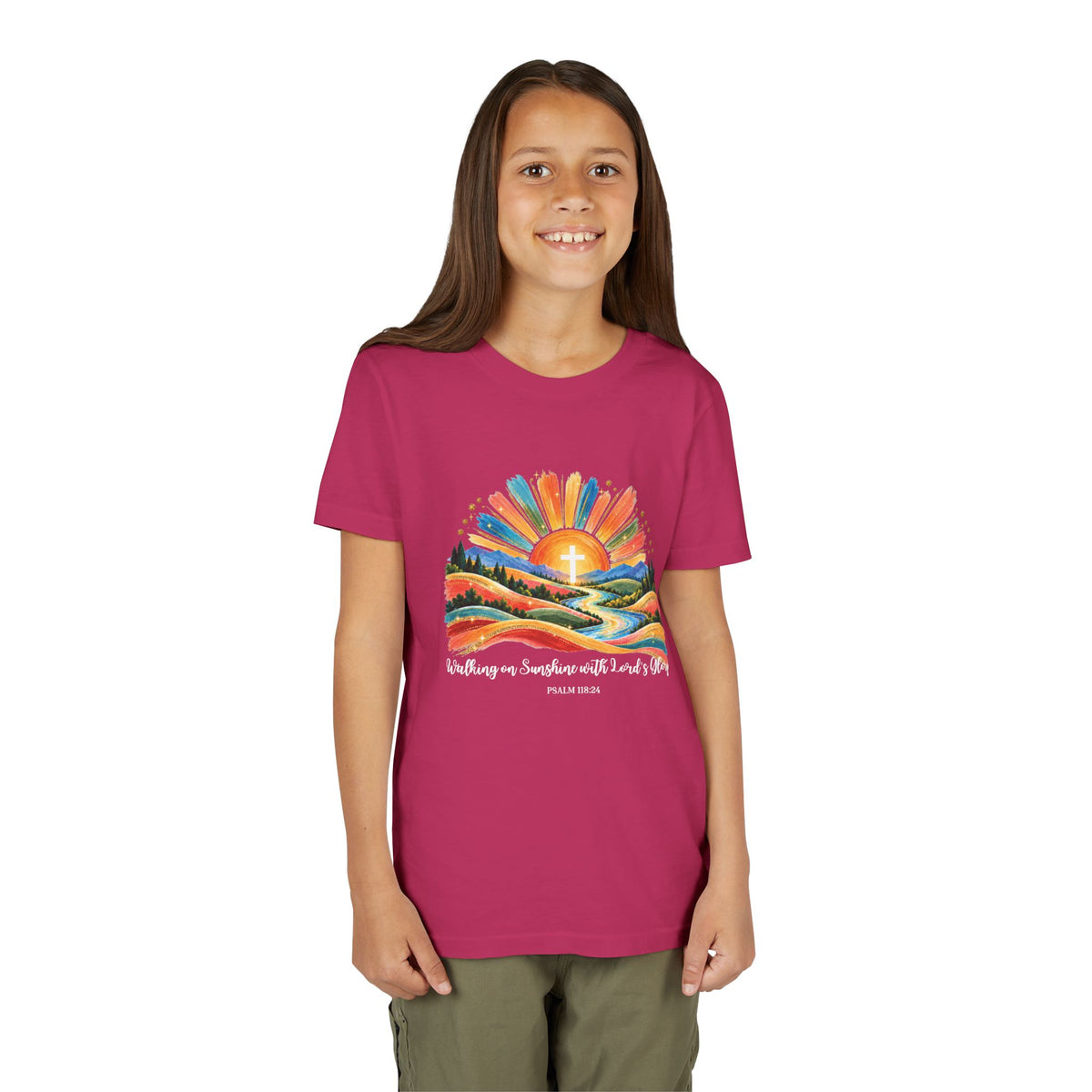 Youth Short Sleeve Tee – Walking On Sunshine with Lords Colorful Christian Sunrise Faith Shirt