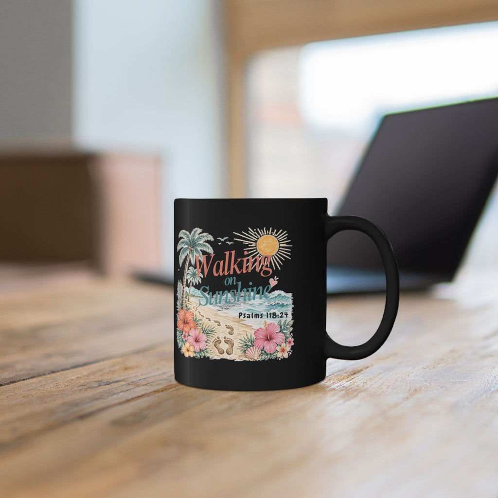 Walking on Sunshine Black Mug — Inspirational Palm Beach Coffee Cup (Psalm 118:24)