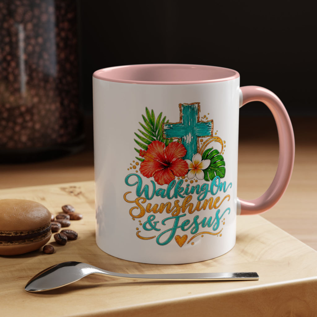 Walking on Sunshine & Jesus Coffee Mug – Floral Cross Accent Mug