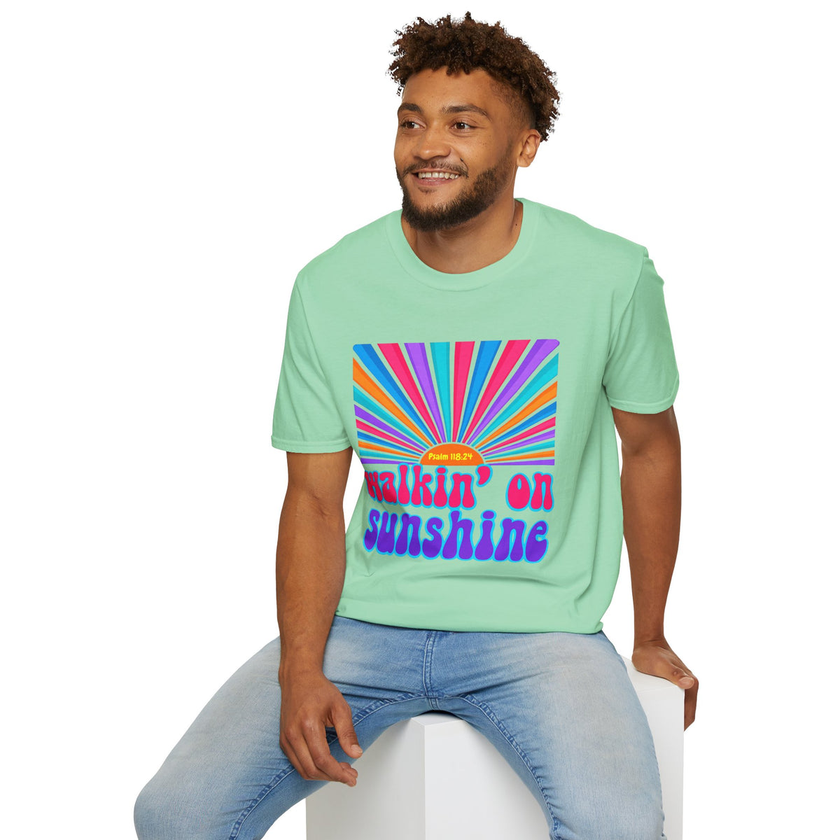 Walkin' On Sunshine Lords Glory with Lori Psalm 118:24 Retro T-Shirt — 70s Rainbow Sun Graphic Tee