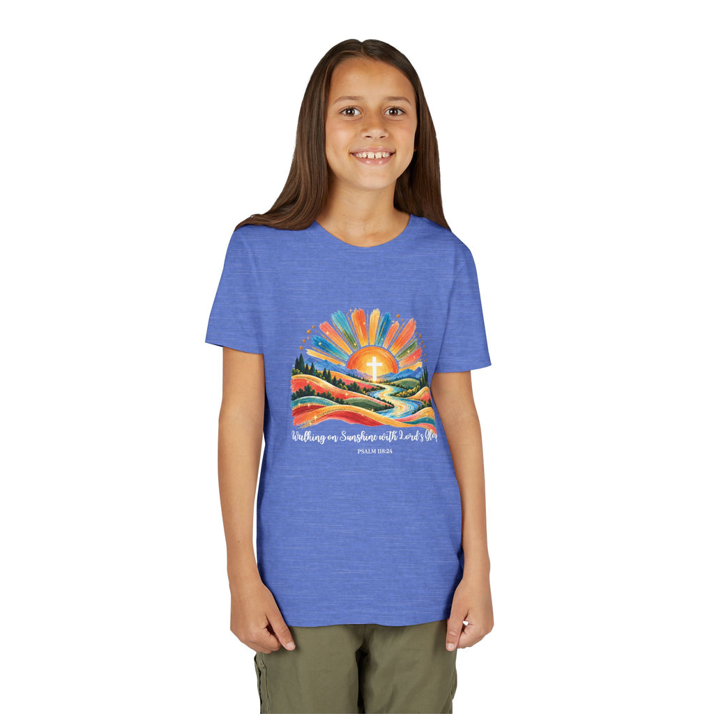 Youth Short Sleeve Tee – Walking On Sunshine with Lords Colorful Christian Sunrise Faith Shirt