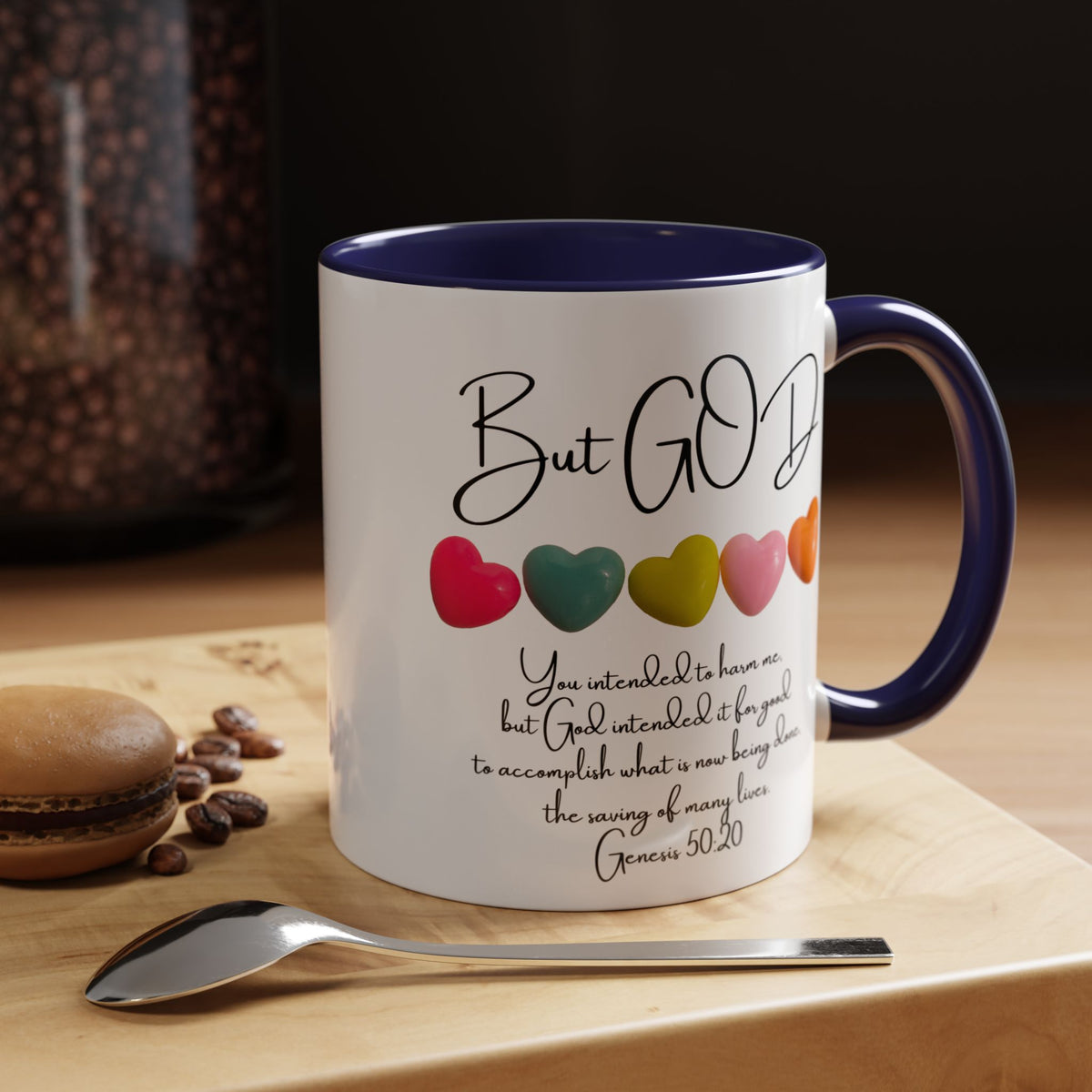 But God Scripture Coffee Mug — Genesis 50:20 Inspirational Heart Accent Mug (11/15oz)