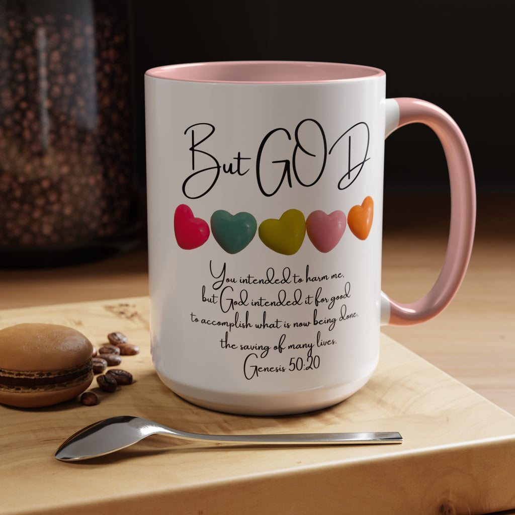 But God Scripture Coffee Mug — Genesis 50:20 Inspirational Heart Accent Mug (11/15oz)