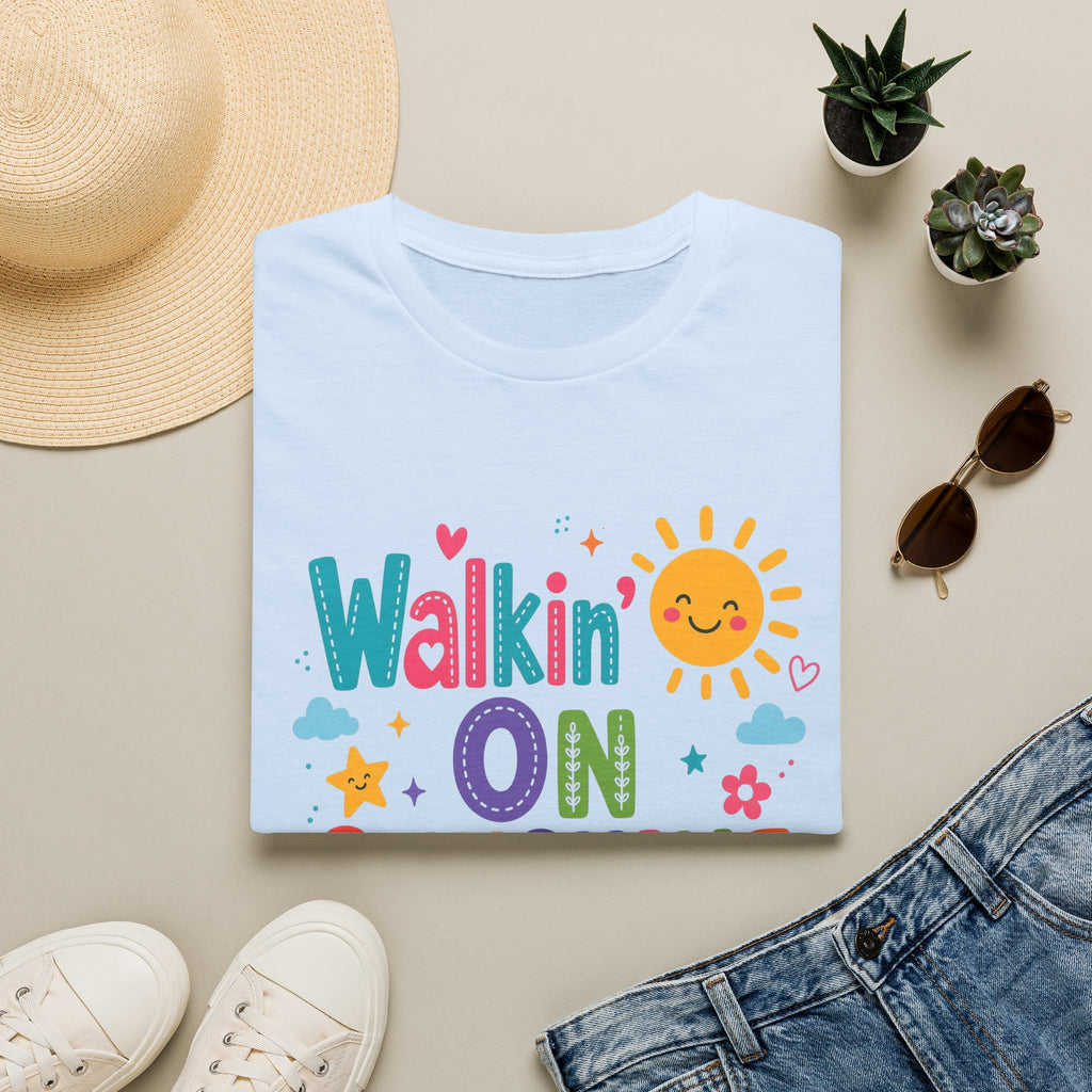 T-Shirt — "Walkin' on Sunshine" Bright Retro Sun Graphic Tee ‭‭Psalms‬ ‭118‬:‭24‬ ‭