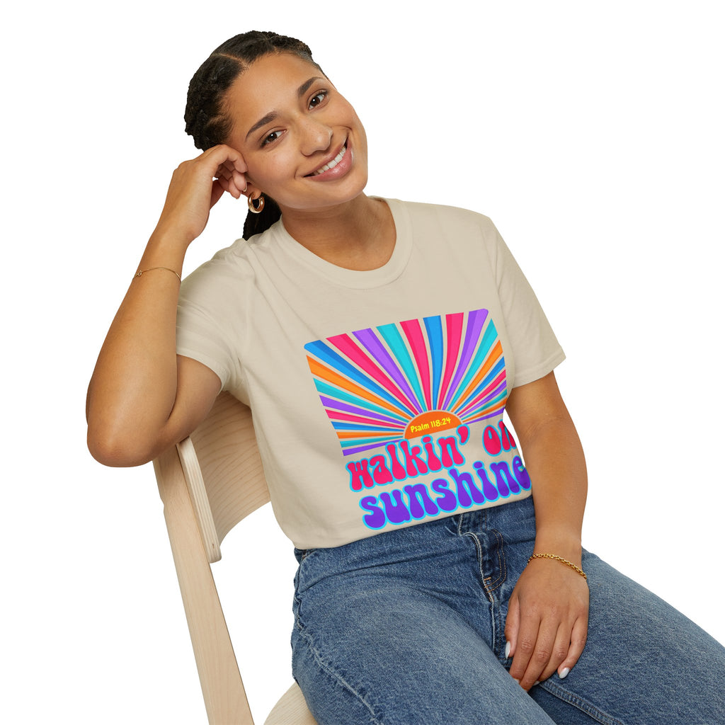 Walkin' On Sunshine Lords Glory with Lori Psalm 118:24 Retro T-Shirt — 70s Rainbow Sun Graphic Tee