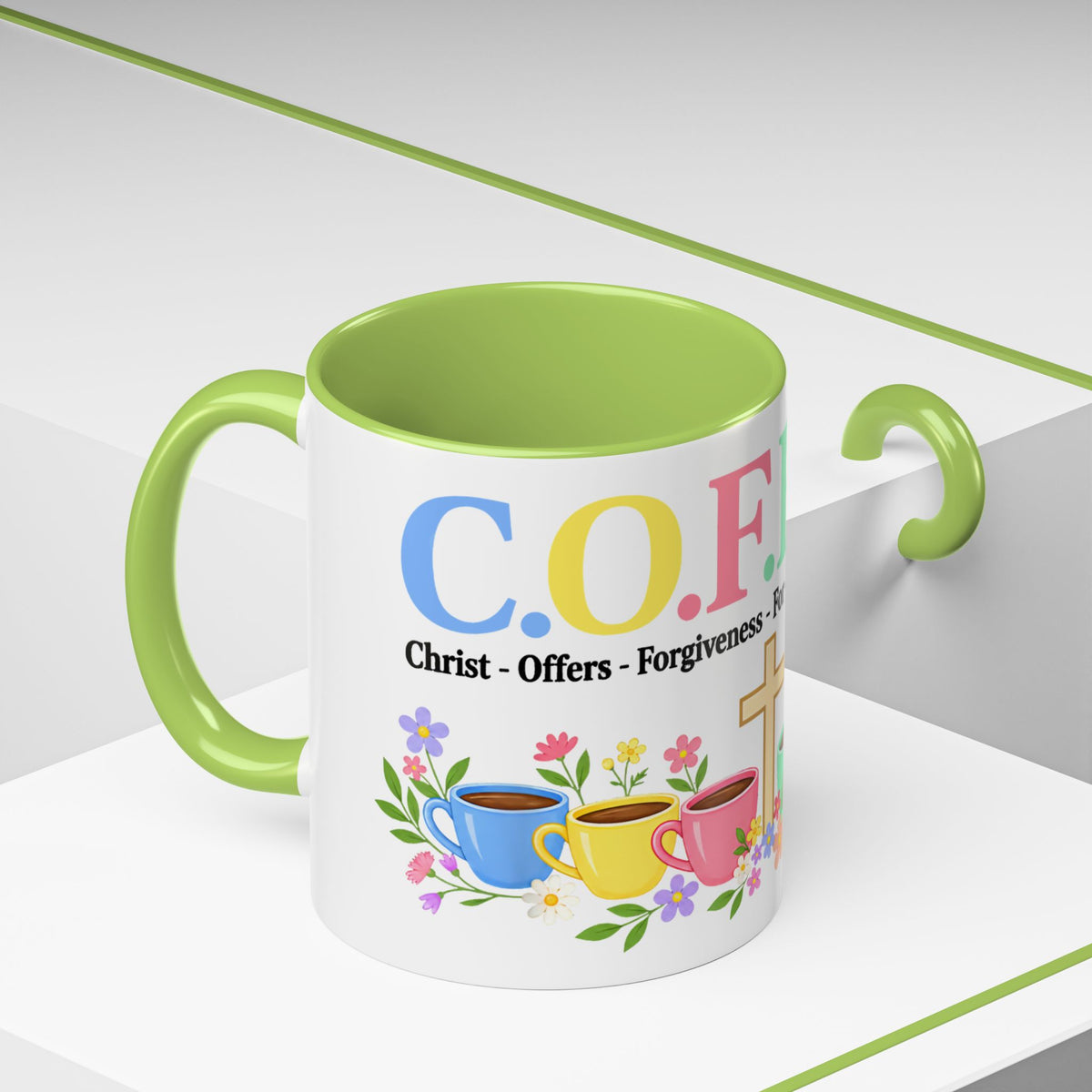 Coffee Lover Floral Graphic - C.o.f.f.e.e. (Christ - Offers - Forgiveness - For Everyone - Everywhere)  Accent Coffee Mug (11, 15oz)