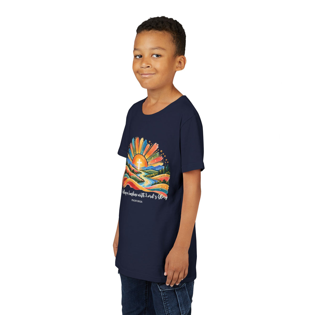 Youth Short Sleeve Tee – Walking On Sunshine with Lords Colorful Christian Sunrise Faith Shirt