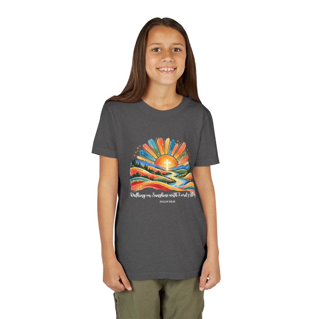 Youth Short Sleeve Tee – Walking On Sunshine with Lords Colorful Christian Sunrise Faith Shirt