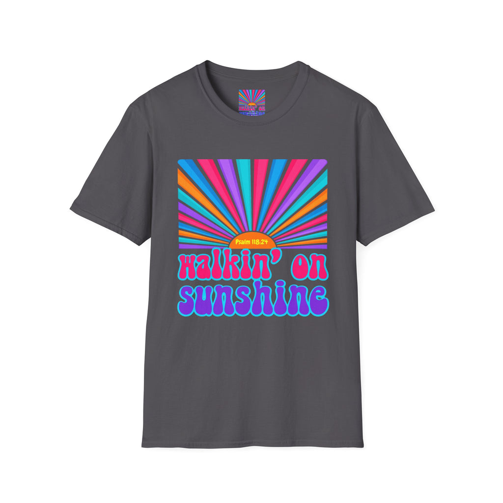 Walkin' On Sunshine Lords Glory with Lori Psalm 118:24 Retro T-Shirt — 70s Rainbow Sun Graphic Tee