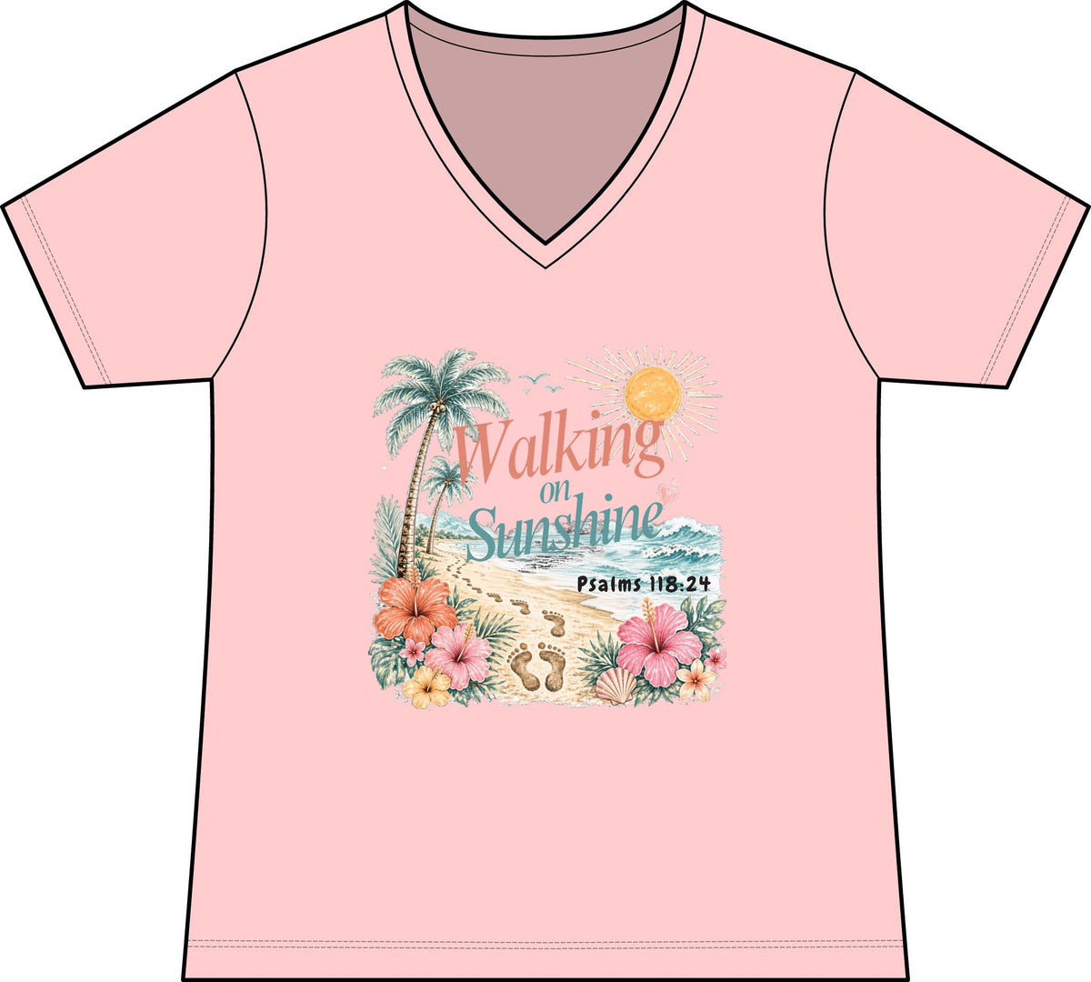 Walking on Sunshine V-Neck Tee — Tropical Floral Christian Psalm 118:24 Beach Shirt